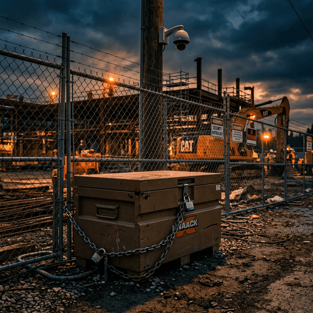 Locked gang box with security camera at a construction job site