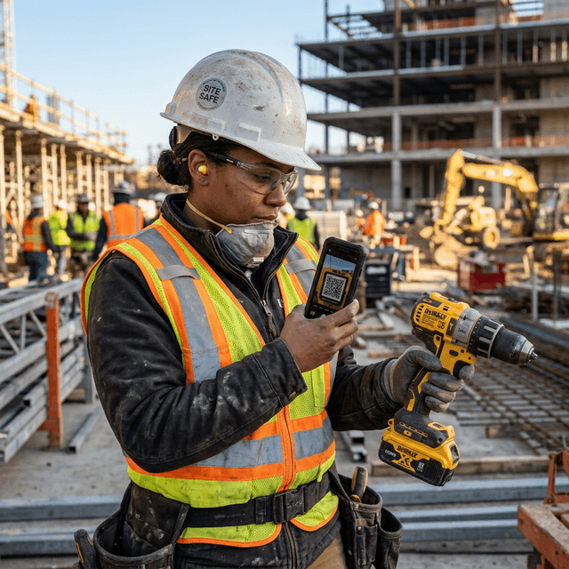Construction worker scanning QR code on a power tool at a job site